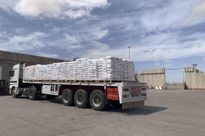 Un camión de ayuda humanitaria para Gaza en el punto fronterizo de Kerem Shalom en una imagen de archivo. EFE/Núria Garrido