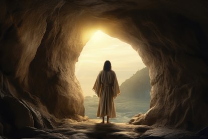 Representación gráfica, creada mediante tecnología digital, del instante en que Jesucristo sale de su sepulcro, tras volver a la vida después de su muerte en la cruz.
