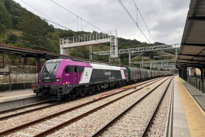 Un tren de mercancías camino a León desde Asturias.