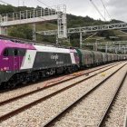Tren de mercancías en la plataforma de la Variante. ADIF