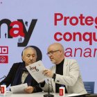 Los secretarios generales de UGT, Pepe Álvarez (i), y de CCOO, Unai Sordo, ofrecen una rueda de prensa con motivo de la celebración del Primero de Mayo, este lunes en Madrid. EFE/Juan Carlos Hidalgo