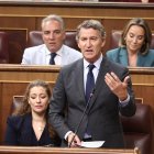 El presidente del PP, Alberto Núñez Feijóo, interviene durante una sesión de control al Gobierno en el Congreso de los Diputados, a 17 de septiembre de 2025, en Madrid (España). 