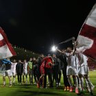 La plantilla de la Cultural celebra haber eliminado al Albacete en Copa del Rey el 12 de octubre de 2016, para pasar a dieciseisavos.