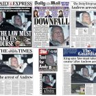 Combo fotográfico de las cabeceras de varios diarios británicos de este viernes que llevan a sus portadas la salida de expríncipe Andrés de dependencias policiales.EFE.