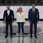 Abascal, Díaz y Sánchez en el debate final de campaña. EFE