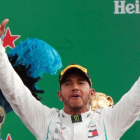 Lewis Hamilton, en el podio de Monza, septiembre del 2018.