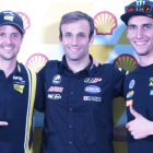 Thomas Luthi, Johann Zarco y Àlex Rins, candidatos al título de Moto2, en la conferencia de hoy en Sepang (Malasia).