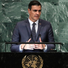 Pedro Sánchez durante su intervención el pasado jueves en la Asamblea General de la ONU.  EFE/EPA/PETER FOLEY