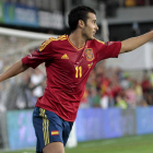 Pedro Rodríguez celebra el segundo gol ante Arabia Saudí en el partido amistoso disputado en el estadio Pasarón.