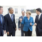 Merkel, junto a Hameron, Obama, Hollande y Renzi, en Hannover.