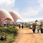 Recreación digital del aeropuerto de drones diseñado por Foster + Partners para Ruanda y otros países de África. FOSTER + PARTNERS