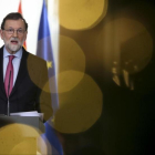 El presidente del Gobierno, Mariano Rajoy, durante su comparecencia de fin de año en el Palacio de la Moncloa.