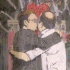Beso entre Xavier Domènech y Miquel Iceta, obra del artista urbano Tvboy.