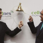 El presidente de Abertis, Francisco Reynés (izquierda), y el consejero delegado de Cellnex, Tobías Martínez, durante el estreno en bolsa de la filial de Abertis.