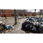 Alumnos de Industriales participan en las tareas de limpieza del campus donde el último botellón dejó esparcidos cientos de kilos de basura. RAMIRO