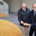 Carnero y Llorente observan el maíz recién recogido en la cooperativa Ucogal, en Cabreros del Río. ramiro