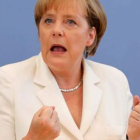 La canciller, durante la conferencia de verano en Berlín.