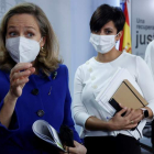 Nadia Calviño, Isabel Rodríguez y Diana Morant ayer, tras el Consejo de Ministras y Ministros. JUAN CARLOS HIDALGO