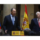 Declaraciones de José Manuel García-Margallo, este miércoles, en el palacio de Viana en Madrid.