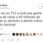 Tuit del alcalde de Gimenells y Pla de la Font (Lleida), Dante Pérez, durante la retransmisión del documental del programa Sense Ficció de TV3 sobre el referéndum del 1-O.