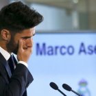 Marco Asensio se emociona durante su presentación como nuevo jugador del Madrid.