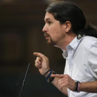El secretario general de Podemos, Pablo Iglesias, durante su intervención en la segunda jornada del debate de investidura del presidente del Gobierno en funciones, Mariano Rajoy.
