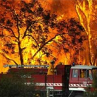 Un carro de bomberos pasa frente a las llamas mientras lucha contra un incendio forestal.