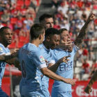 Los futbolistas del Girona celebran el gol marcado por Pablo Maffeo contra el Nàstic.