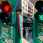 Los semáforos de la calle Arco de Ánimas en el cruce con la calle Independencia donde se han colocado los semáforos con los leones rampantes. Á. C.