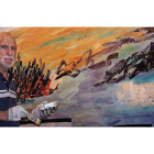 El pintor leonés Santiago Omaña pinta este año el mural efímero del café-bar Cristal.