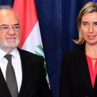 Mogherini (derecha) y el ministro de Exteriores iraquí, Ibrahim al-Jafari, tras una reunión en Bruselas, este martes.