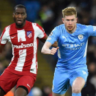 El jugador del Atlético Geoffrey Kondogbia pugna por el balón con Kevin De Bruyne, el jugador que anotó el gol para el City. PETER POWELL