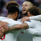 Walker, Stones, Alli y Dier celebran el triunfo de Inglaterra sobre Croacia.