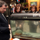 Silvia Clemente ante el expositor de una empresa de la comunidad que comercializa gambas.