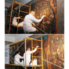 Detalle de los dos murales y de los andamios colocados por la Brigada de Patrimonio del Ayuntamiento, que tarará tres días en limpiar las dos obras de Vela Zanetti.