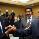 Encuentro entre Obama y Chávez en 2009 en Trinidad y Tobago.