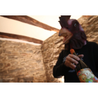 La gallina es la imagen de Gallina de Piel y posa con una botella del vino Lagalin en la bodega de Olga Verde, en Otero de Toral. ANA F. BARREDO