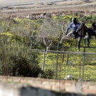 Un grupo de inmigrantes subsaharianos, encaramado a la valla fronteriza entre Marruecos y Melilla, este domingo.