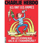 Portada de la revista satírica Charlie Hebdo que se publicará este viernes. En ella se puede leer el lema: "Ellos tienen armas. Que se jodan, nosotros tenemos champán" junto a un dibujo realizado por la dibujante Coco.