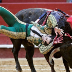 El diestro jerezano Juan José Padilla resulta cogido por "Hortensia", de la ganadería Fuente Ymbro, durante la segunda corrida de la Feria de Fallas.