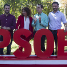 Tudanca, la ministra María Jesús Montero, Antidio Fagúndez y el alcalde de Benavente, Luciano Huerga, ayer en Benavente J.L.LEAL