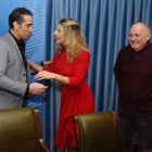 Yolanda Díaz con Vicente Andrés (CC OO) y Faustino Temprano (UGT) ayer, en Valladolid. NACHO GALLEGO