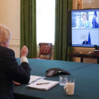 El primer ministro, Boris Johnson, en la conferencia con las autoridades de Bruselas. ANDREW PARSOS