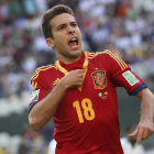 El centrocampista español Jordi Alba celebra el gol conseguido ante Nigeria durante el último partido del grupo B.