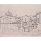 Dibujo de San Isidoro de 1845 de José María Avrial y Flores; y el obispo Saturnino Fernández de Castro. DL / DEL LIBRO ‘EL VIAJE QUE CAMBIÓ LEÓN’