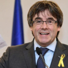 El expresidente Carles Puigdemont durante su intervención desde Bruselas, esta mañana.