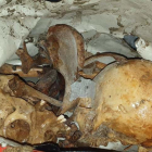 La bolsa con los restos humanos, instantes después de su hallazgo. DL