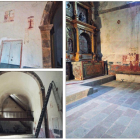 Espacios de la iglesia de San Vicente, en Torre de Babia, donde han aparecido vestigios de pinturas que Patrimonio cree necesario descubrir y estudiar a fondo. DL