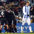 Los jugadores del Bayer Leverkusen celebran el gol marcado ante la Real Sociedad.