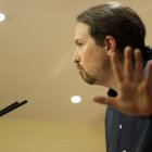 Pablo Iglesias, en la rueda de prensa tras su encuentro con Pedro Sánchez el pasado miércoles.